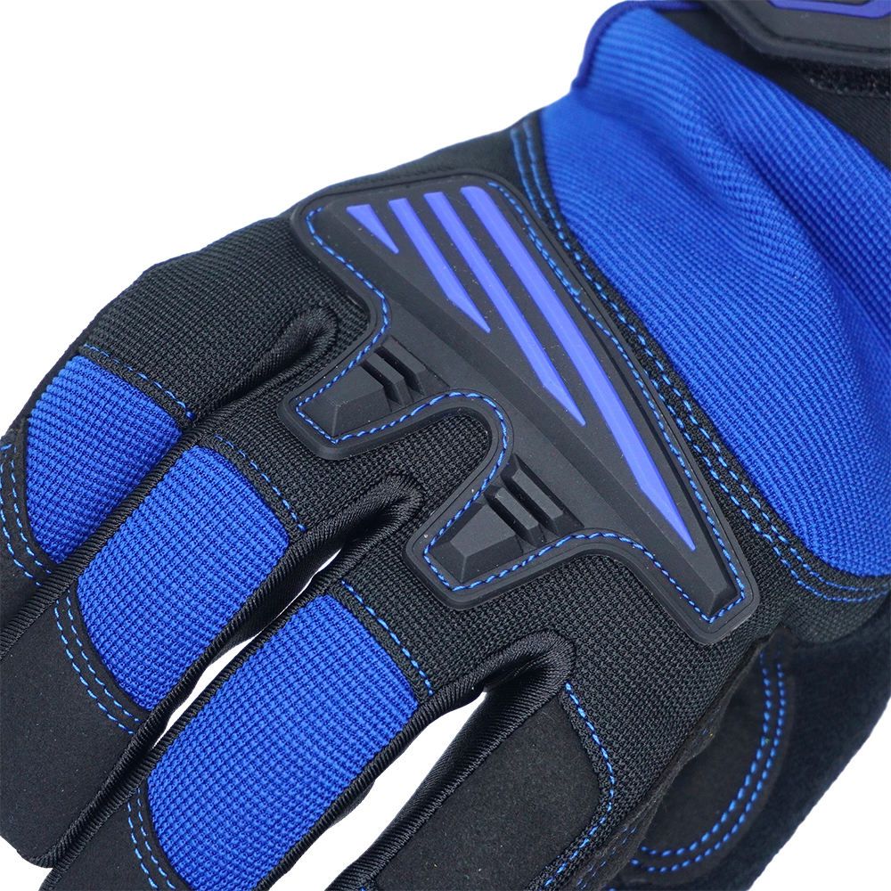 impact mechanic gloves in blue and black synthetic with a ridged knuckle guard, additional view 4, manufactured by Abeeha Leather Industry
