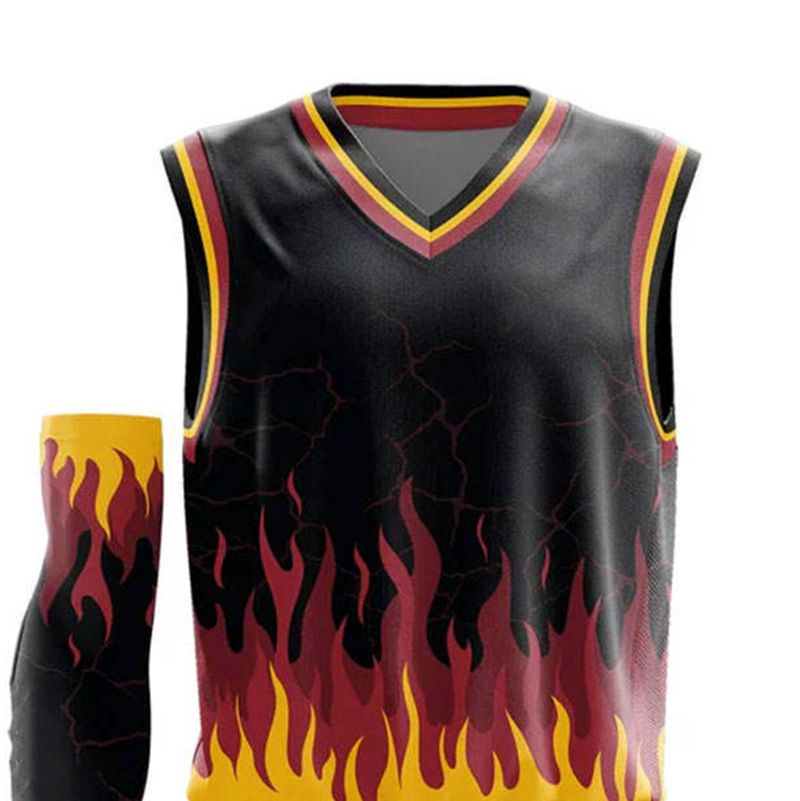 basketball uniform in black with a red flame graphic, additional view 3, manufactured by Abeeha Leather Industry