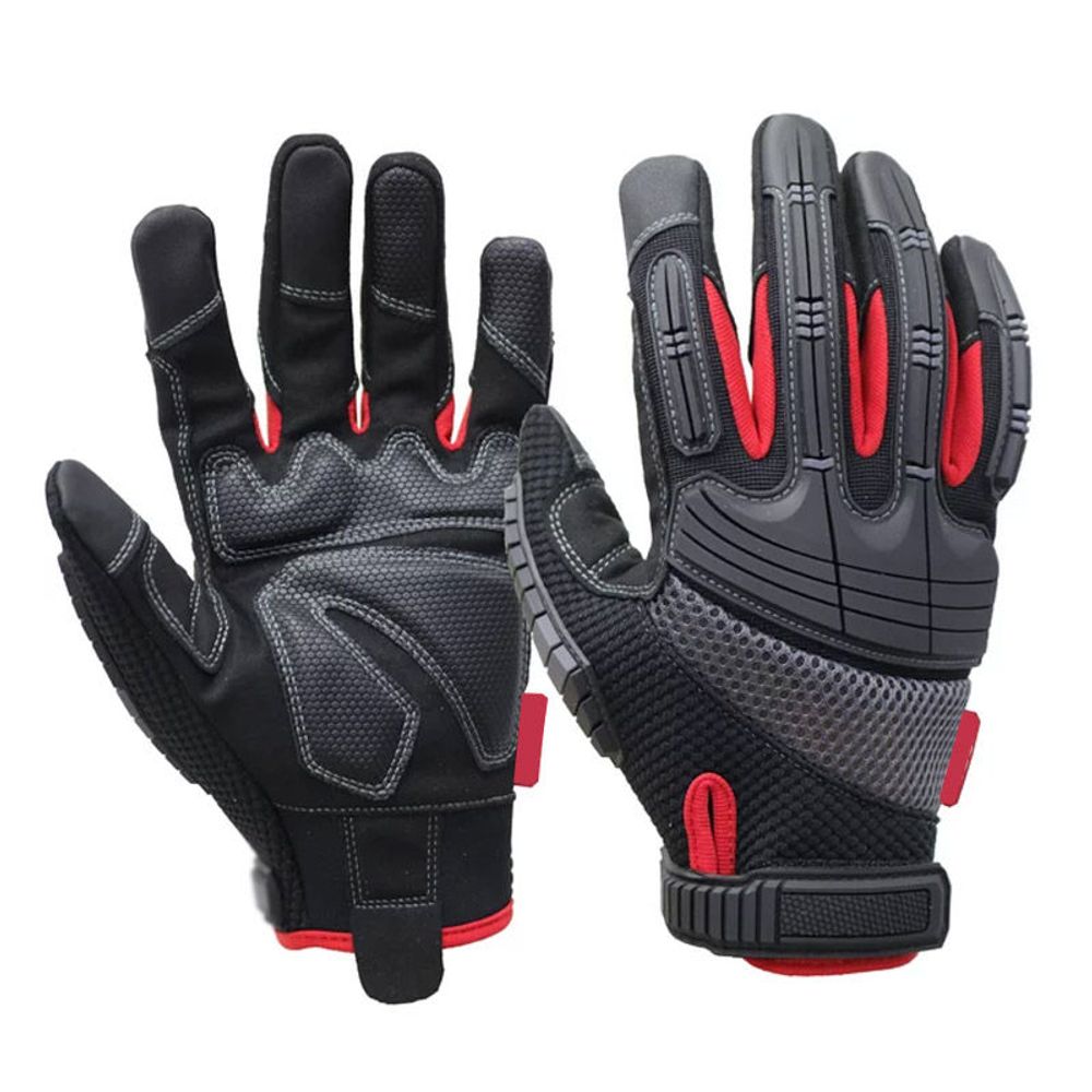 impact mechanic gloves in black synthetic with red accent trim, front view, manufactured by Abeeha Leather Industry