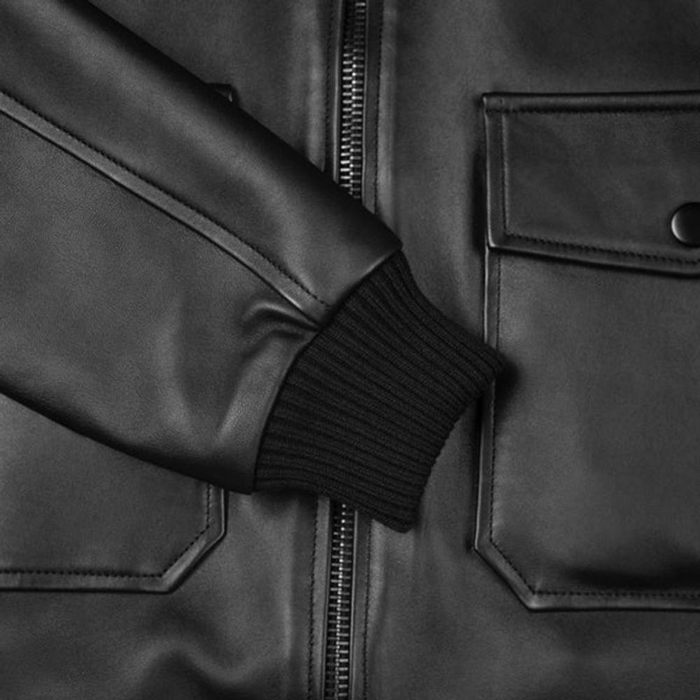 men's leather flight jacket in black with a shearling-look collar, additional view 5, manufactured by Abeeha Leather Industry