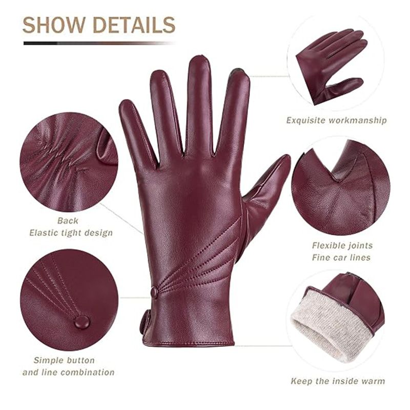 women's leather dress gloves in burgundy, additional view 4, manufactured by Abeeha Leather Industry
