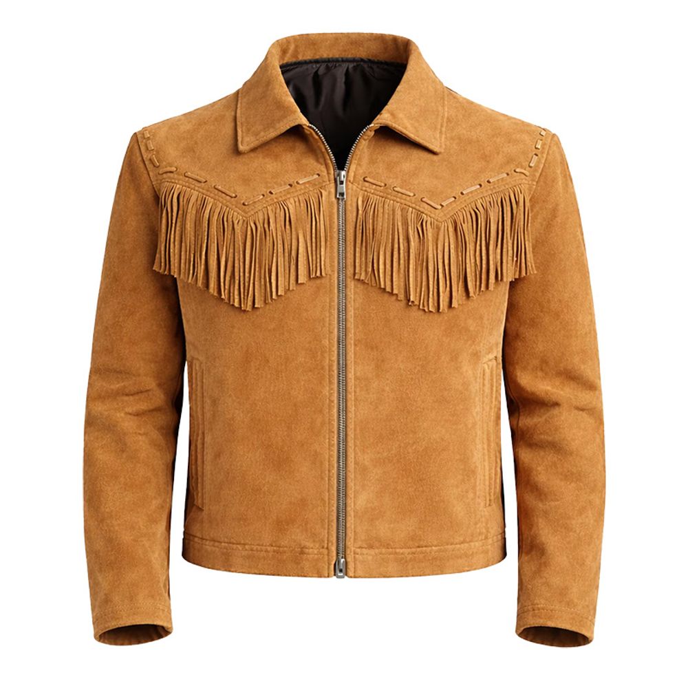 men's suede fringe jacket in tan, front view, manufactured by Abeeha Leather Industry