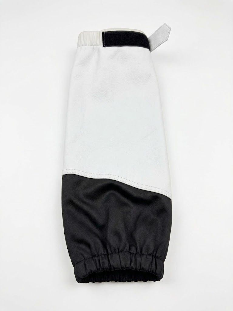 leather arm sleeves in white leather with a black elastic cuff, additional view 2, manufactured by Abeeha Leather Industry
