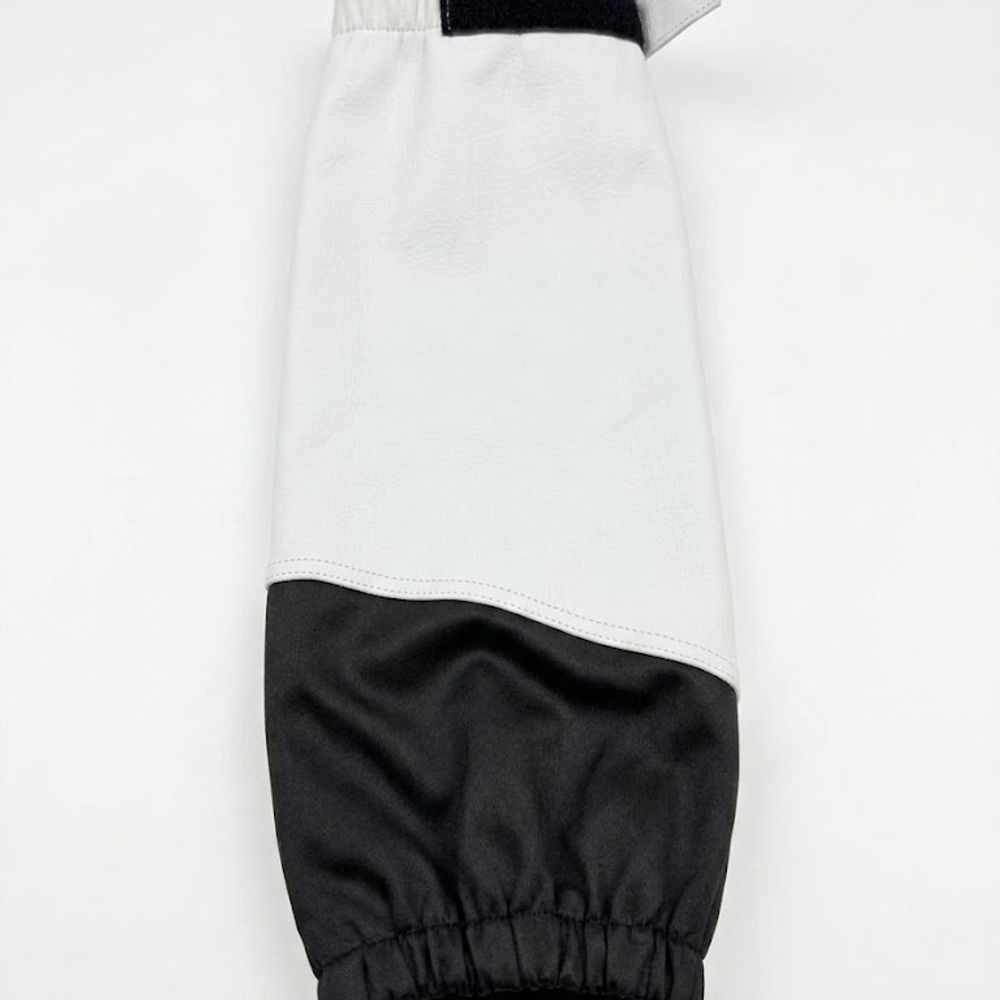 leather arm sleeves in white leather with a black elastic cuff, additional view 2, manufactured by Abeeha Leather Industry