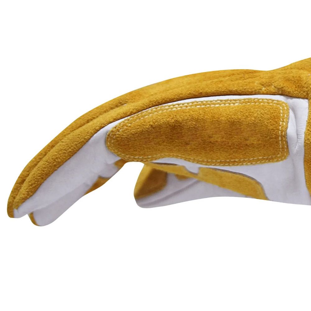 MIG welding gauntlet gloves in gold split leather with a reinforced palm, additional view 2, manufactured by Abeeha Leather Industry