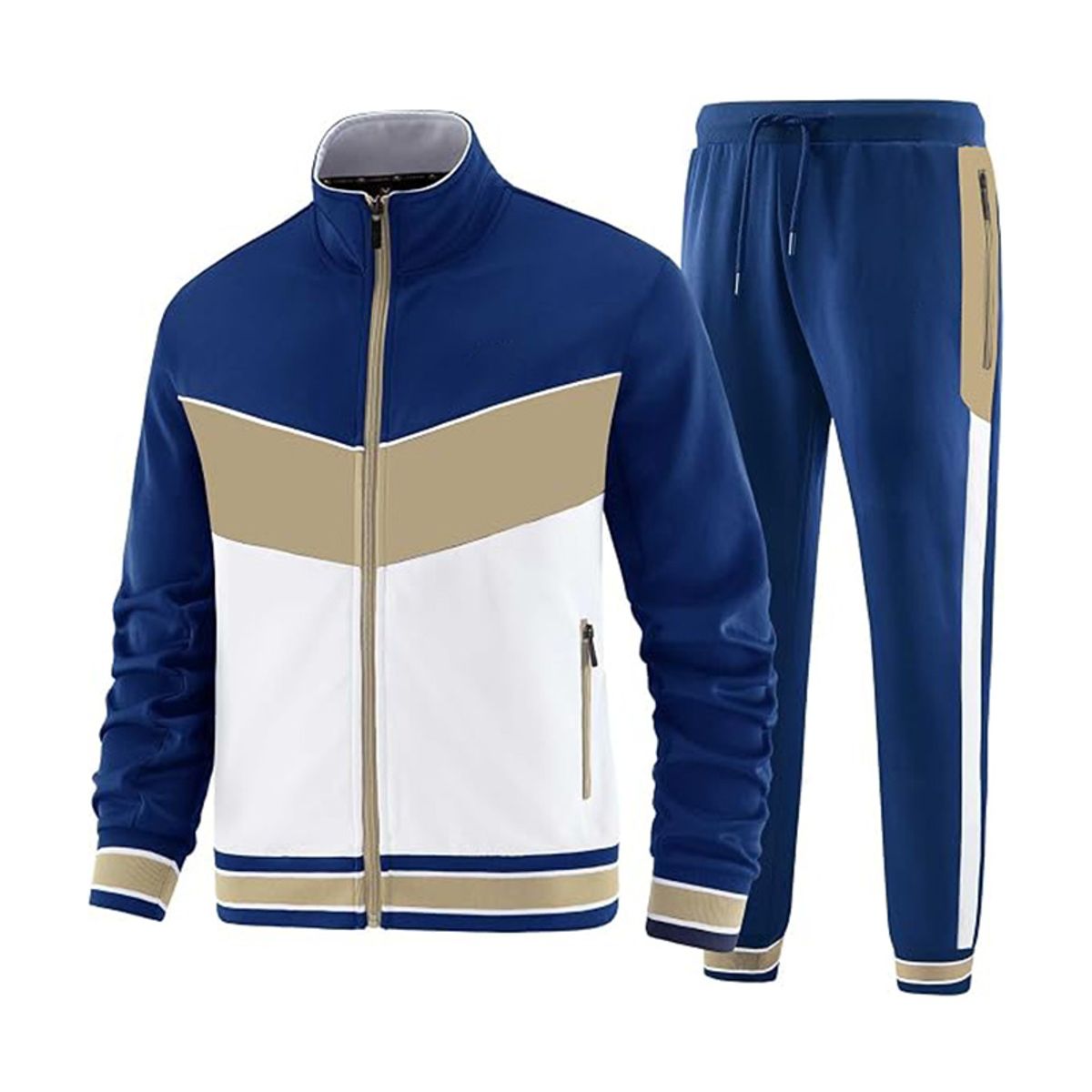 two-piece tracksuit in blue, tan and white, front view, manufactured by Abeeha Leather Industry