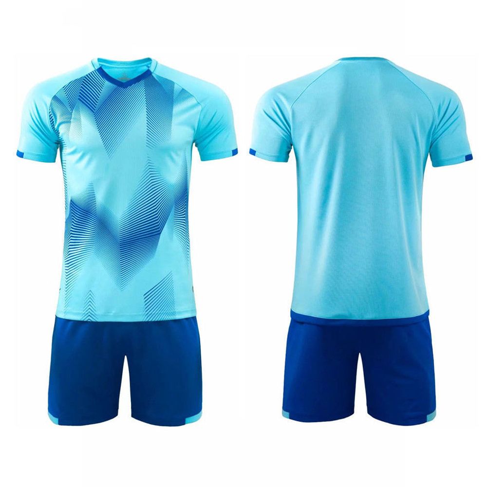 sublimated football kit in teal and blue geometric, front view, manufactured by Abeeha Leather Industry