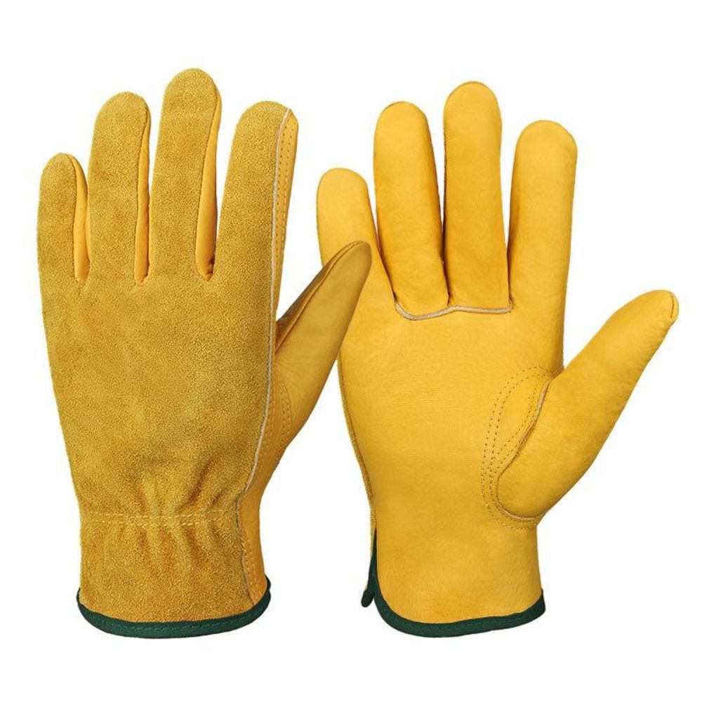 driver gloves in gold grain leather with green edge trim, additional view 3, manufactured by Abeeha Leather Industry