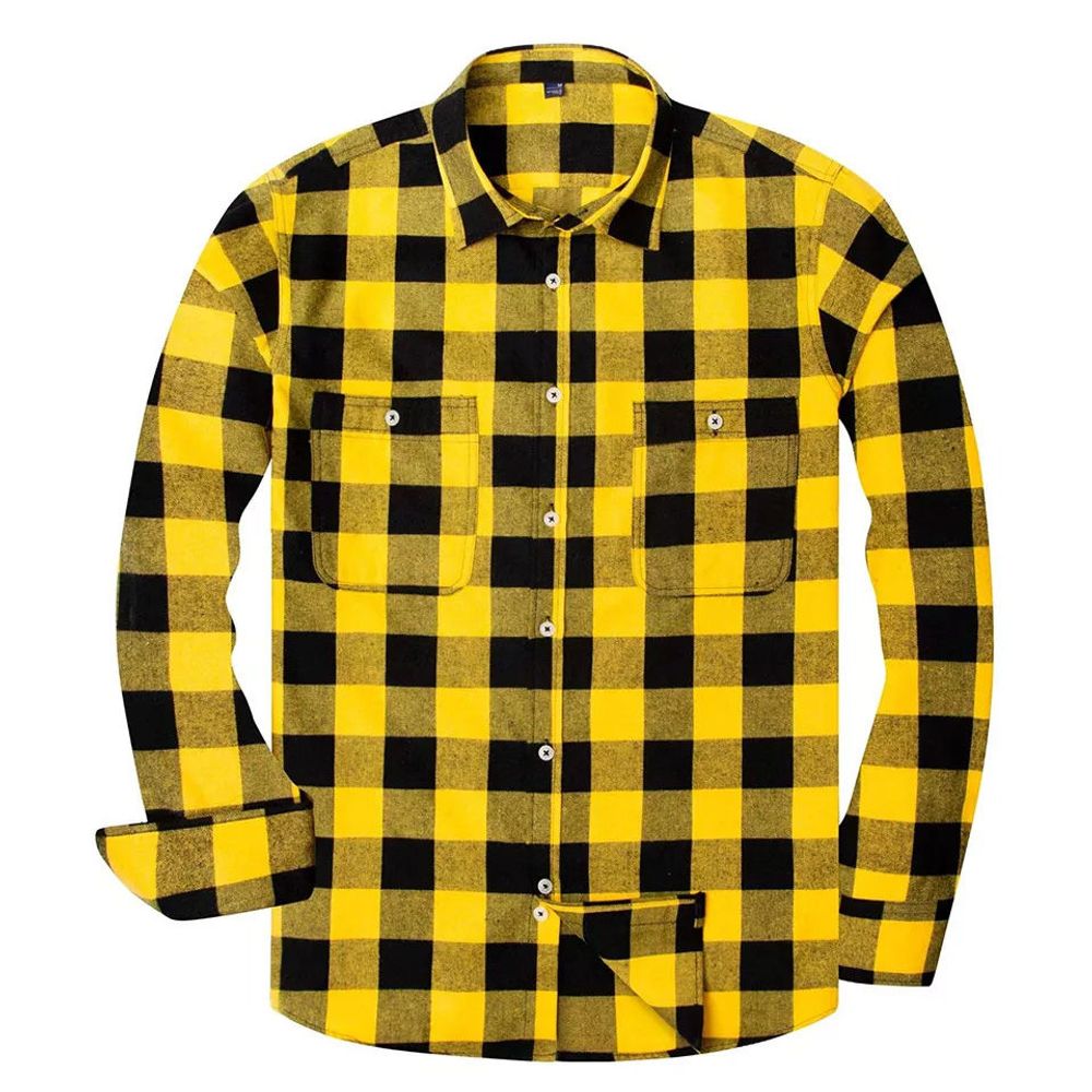 flannel shirt in yellow and black buffalo check, front view, manufactured by Abeeha Leather Industry