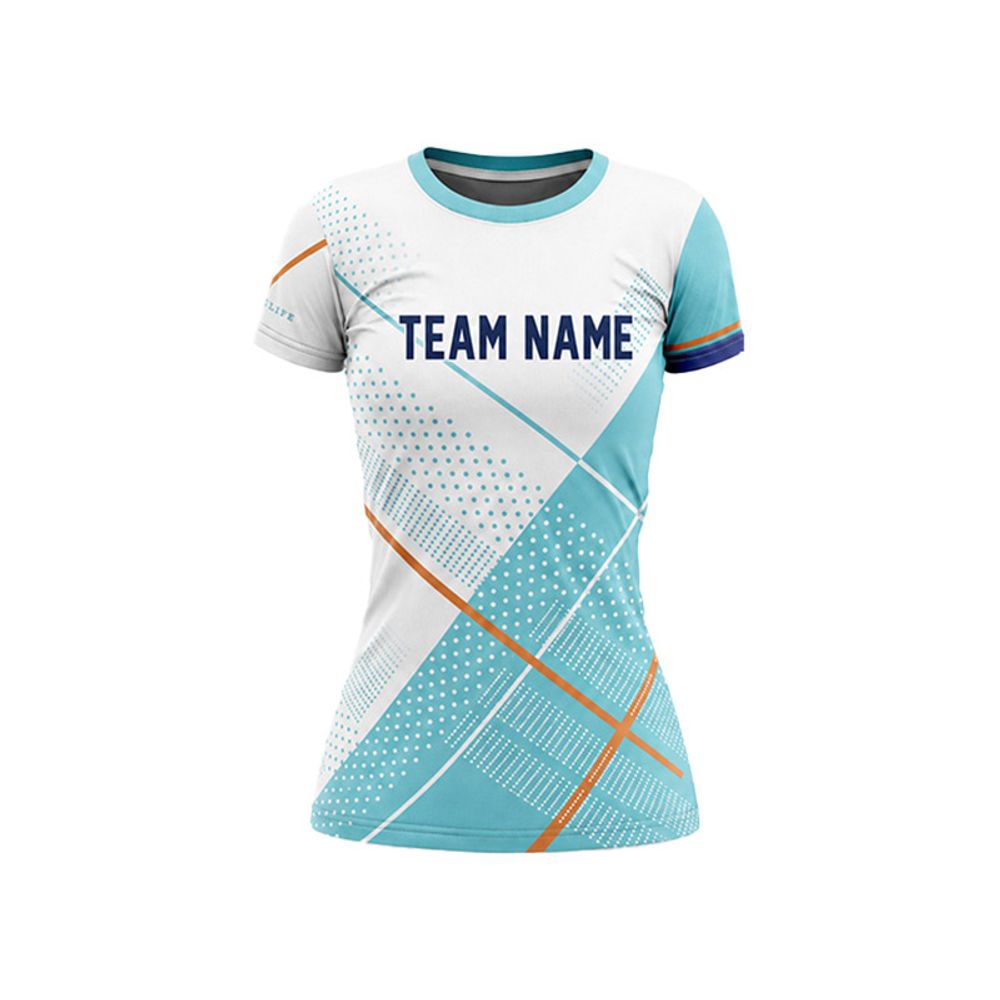 women's sublimated football jersey in teal and white, additional view 2, manufactured by Abeeha Leather Industry