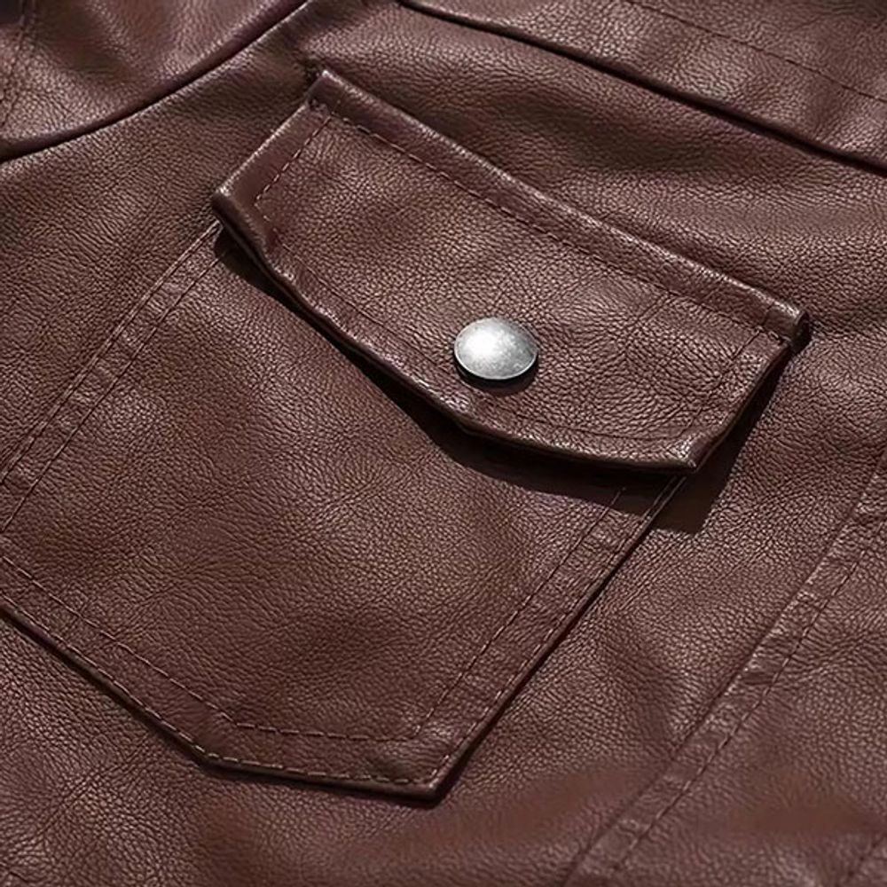 men's leather jacket in brown with a hood and epaulettes, additional view 4, manufactured by Abeeha Leather Industry