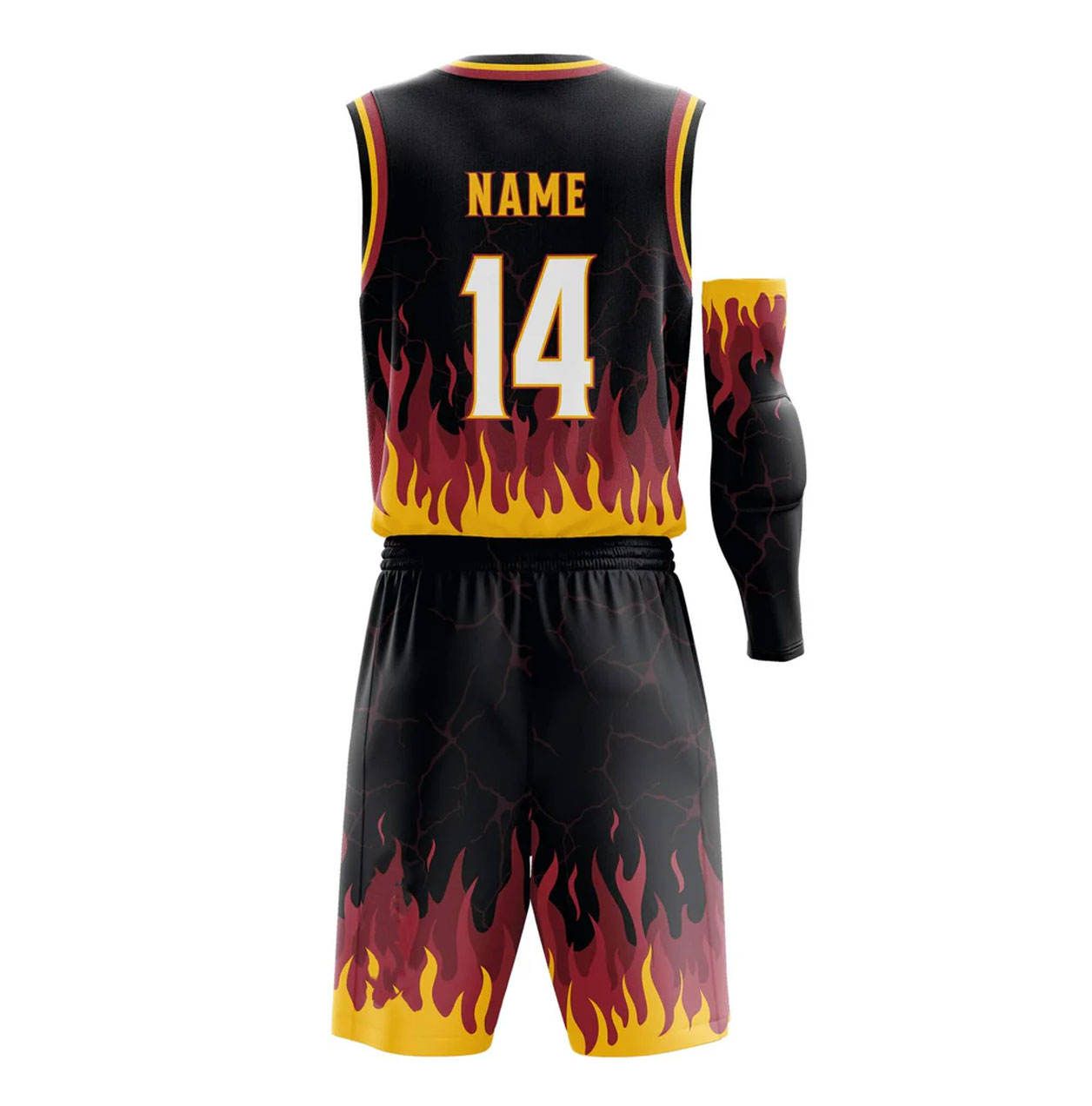 basketball uniform in black with a red flame graphic, additional view 2, manufactured by Abeeha Leather Industry