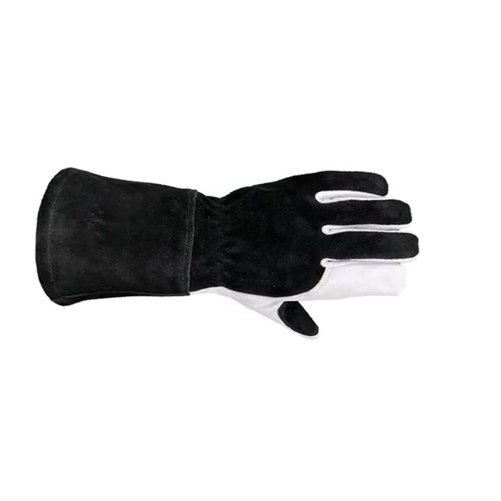 MIG welding gloves in black split leather with a white grain leather palm, additional view 2, manufactured by Abeeha Leather Industry
