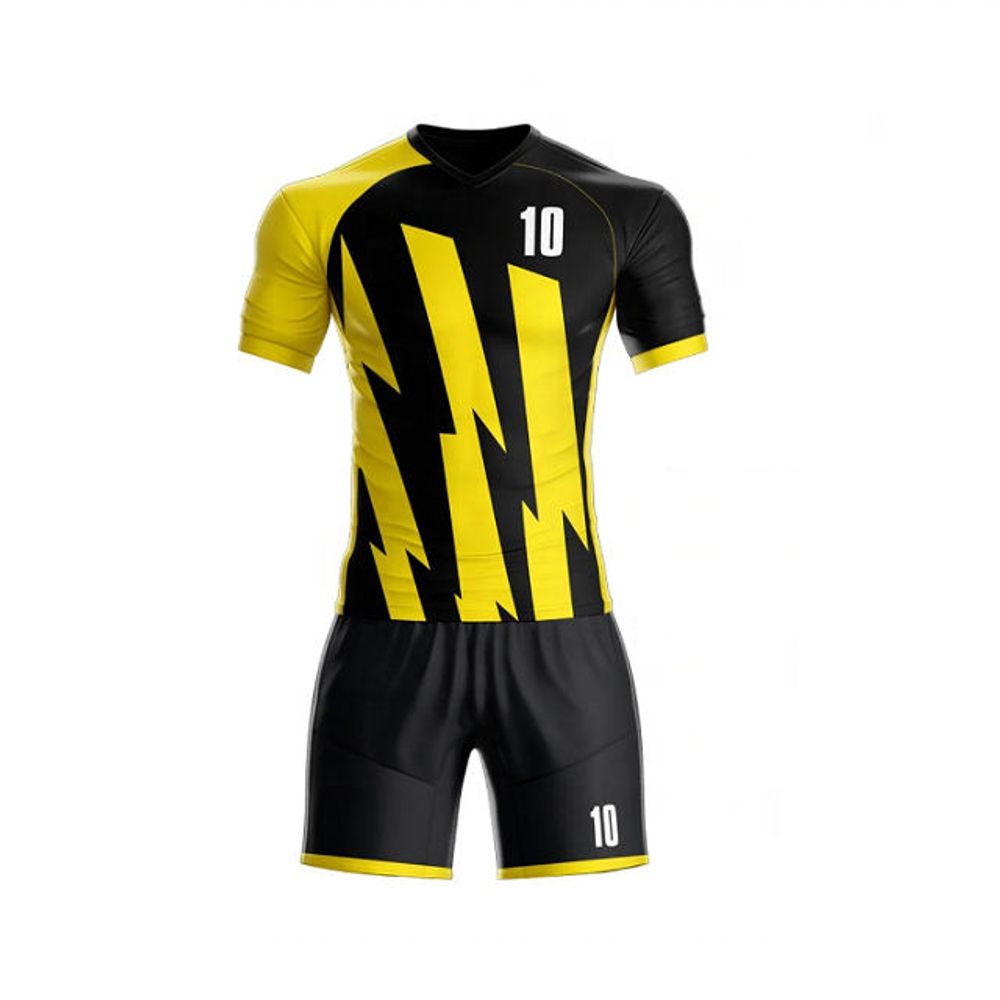 sublimated football kit in black and yellow lightning bolt, additional view 2, manufactured by Abeeha Leather Industry
