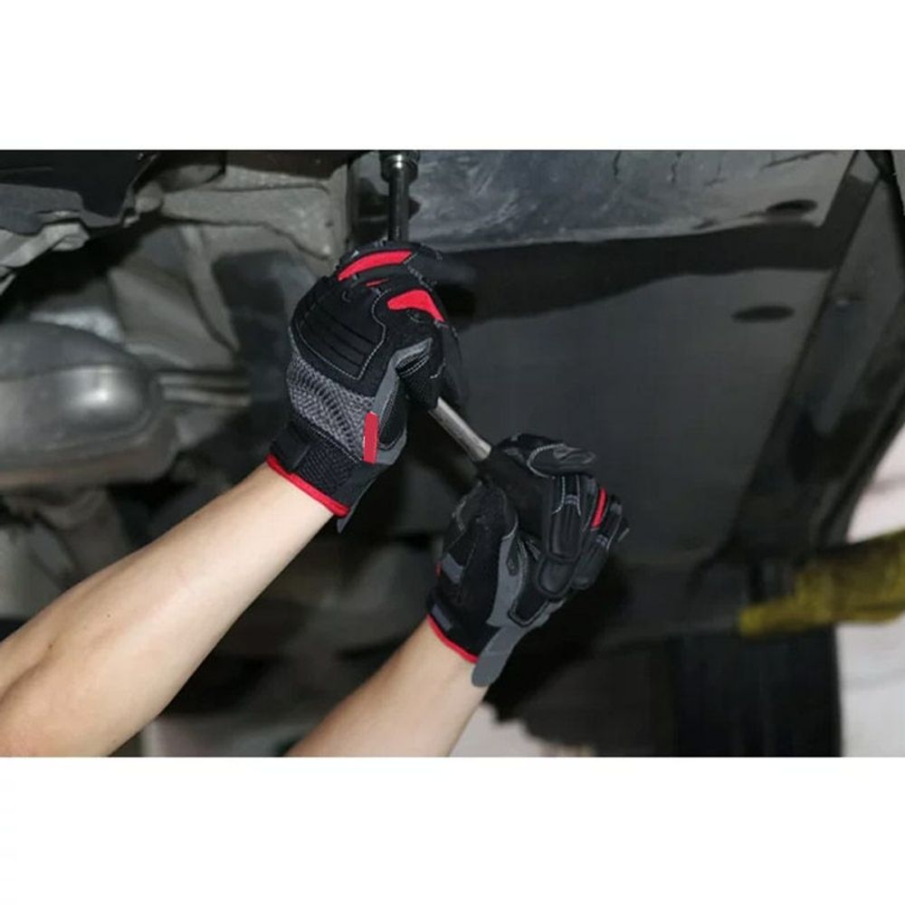 impact mechanic gloves in black synthetic with red accent trim, additional view 4, manufactured by Abeeha Leather Industry