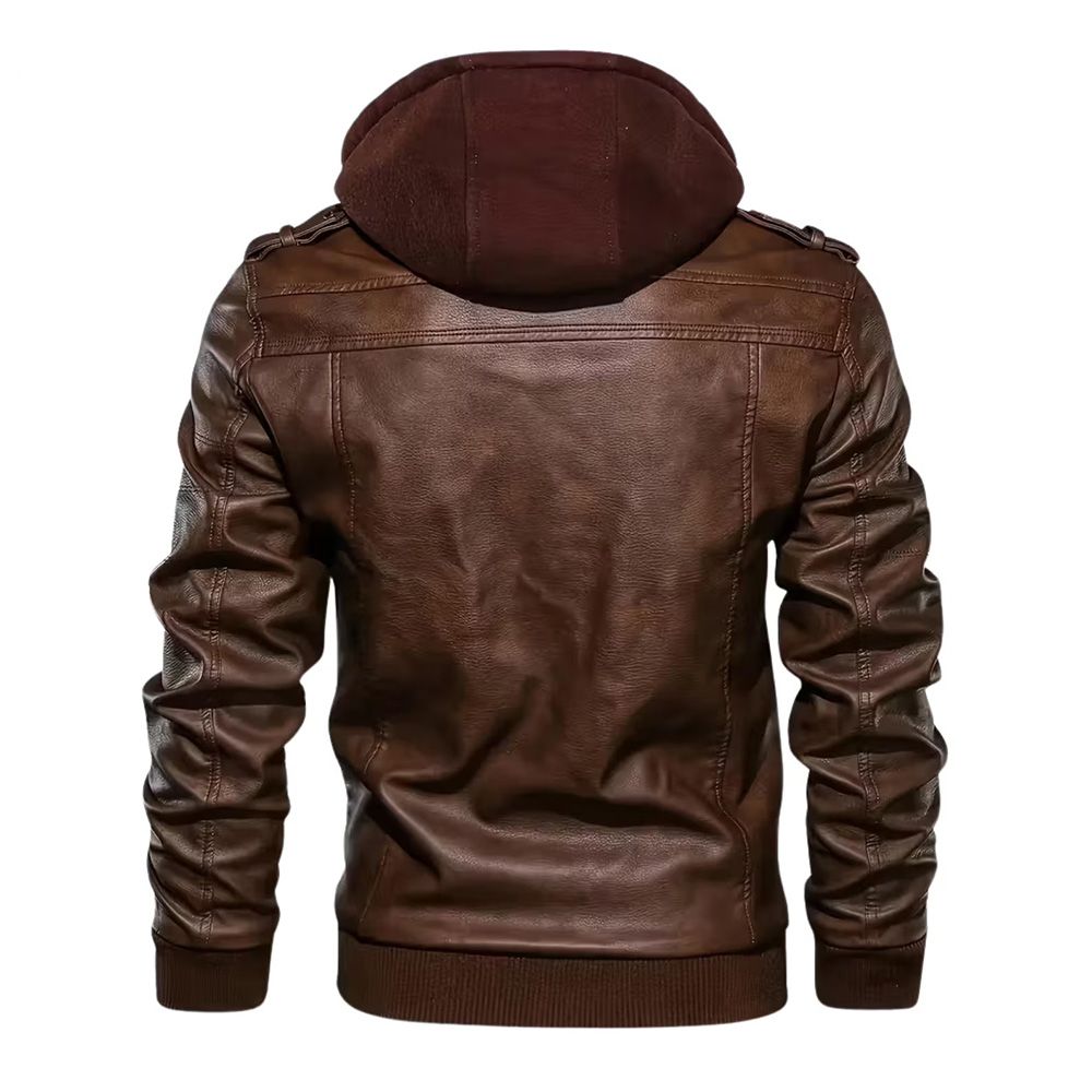 men's leather jacket in brown with a hood and epaulettes, additional view 2, manufactured by Abeeha Leather Industry