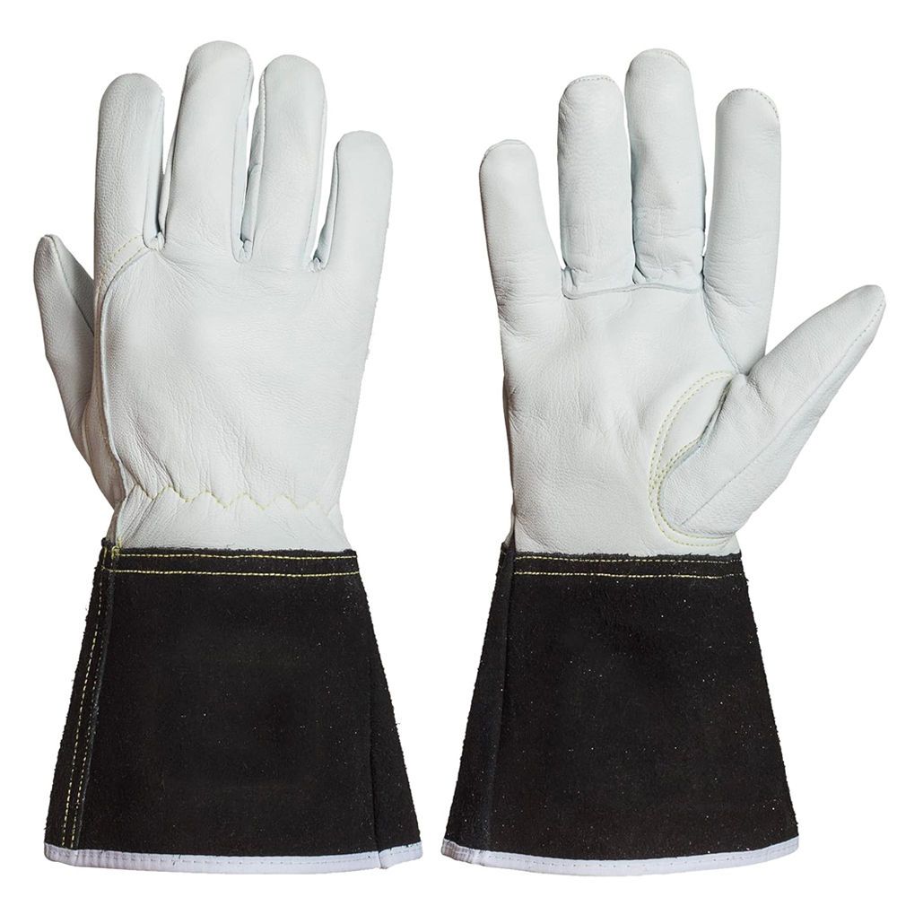 TIG welding gloves in white grain leather with a black split-leather cuff, front view, manufactured by Abeeha Leather Industry