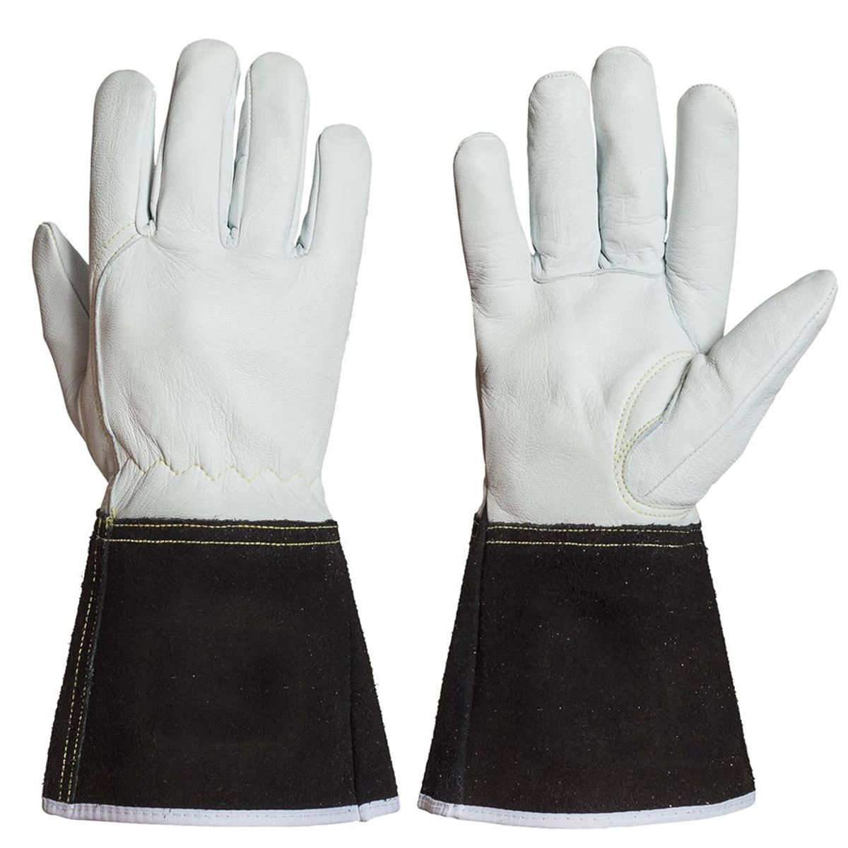TIG welding gloves in white grain leather with a black split-leather cuff, front view, manufactured by Abeeha Leather Industry