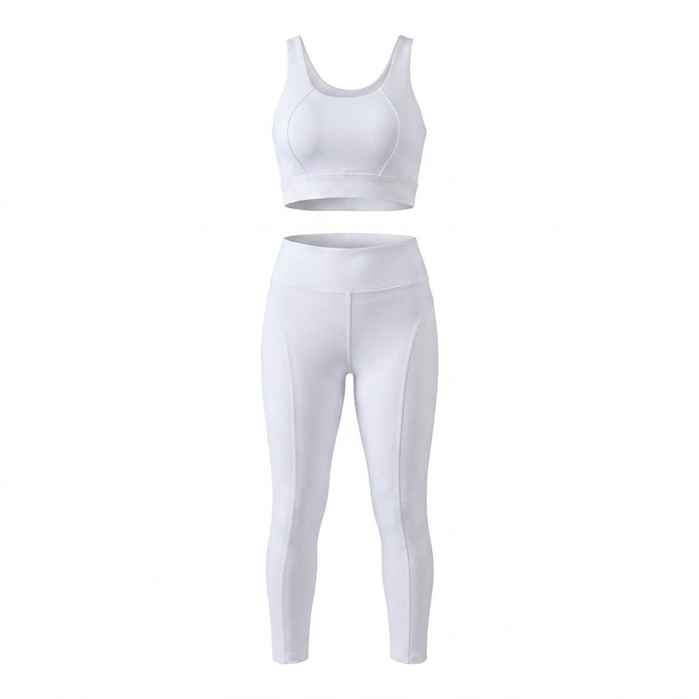 women's sports bra and legging set in white, front view, manufactured by Abeeha Leather Industry
