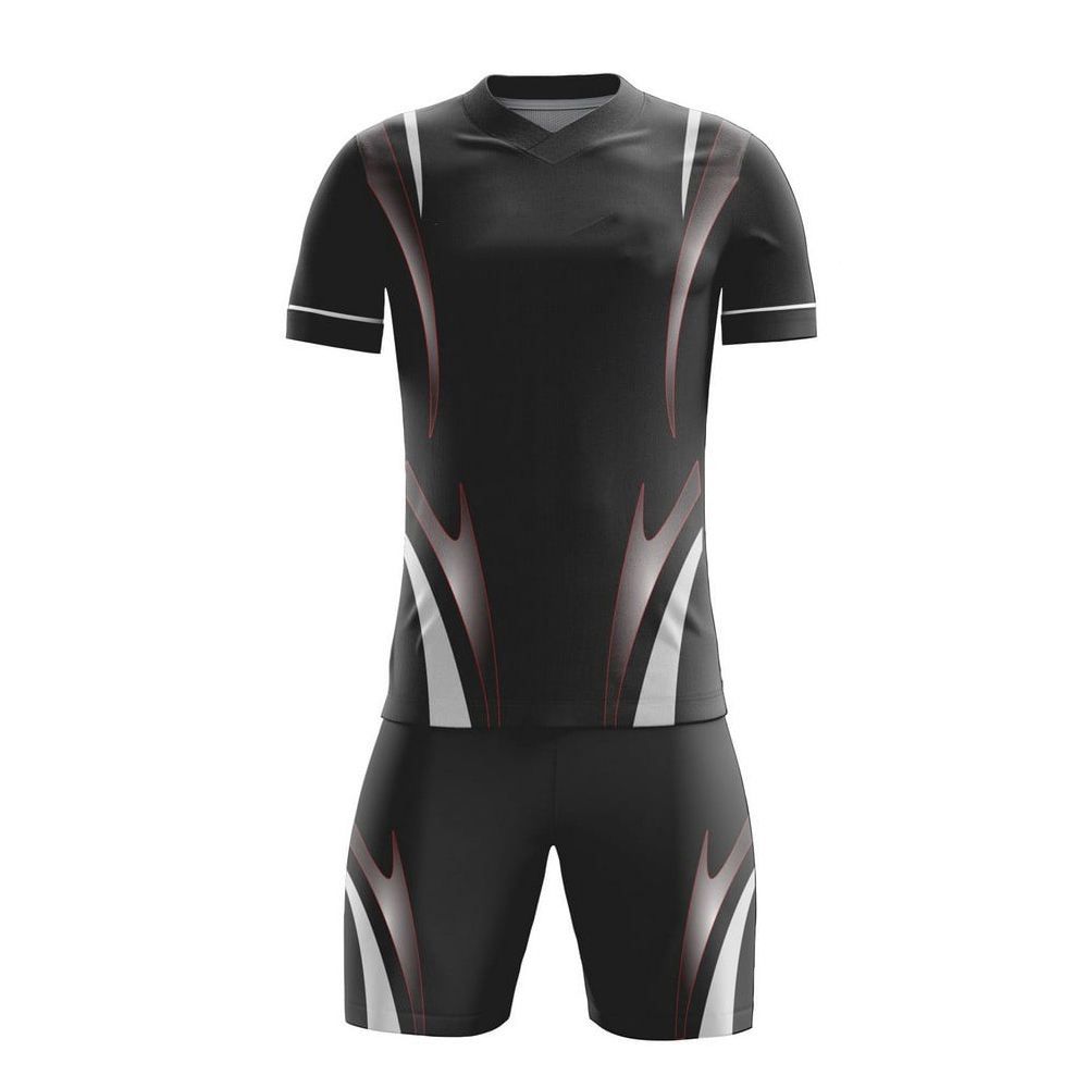 sublimated football kit in black, white and red streak, additional view 2, manufactured by Abeeha Leather Industry