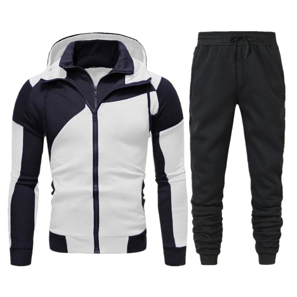 two-piece hooded tracksuit in white and navy, front view, manufactured by Abeeha Leather Industry