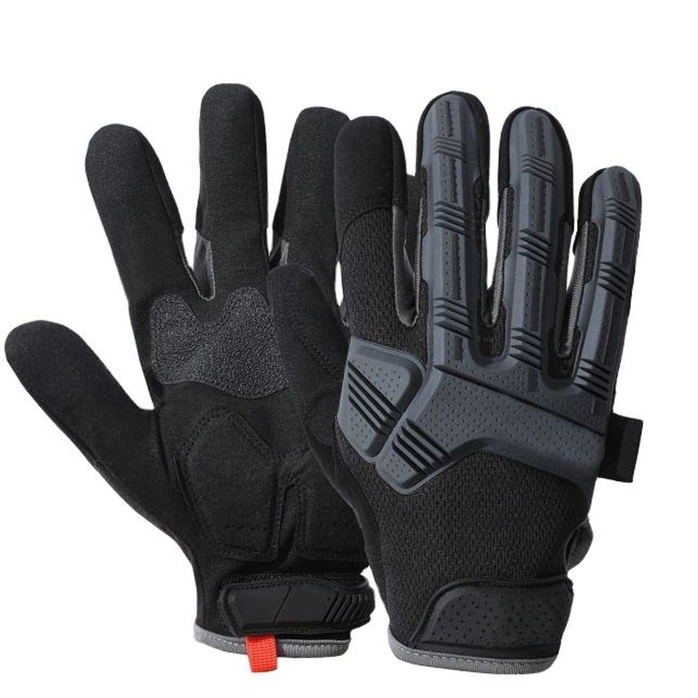 tactical impact mechanic gloves in grey and black synthetic with ridged guards, front view, manufactured by Abeeha Leather Industry