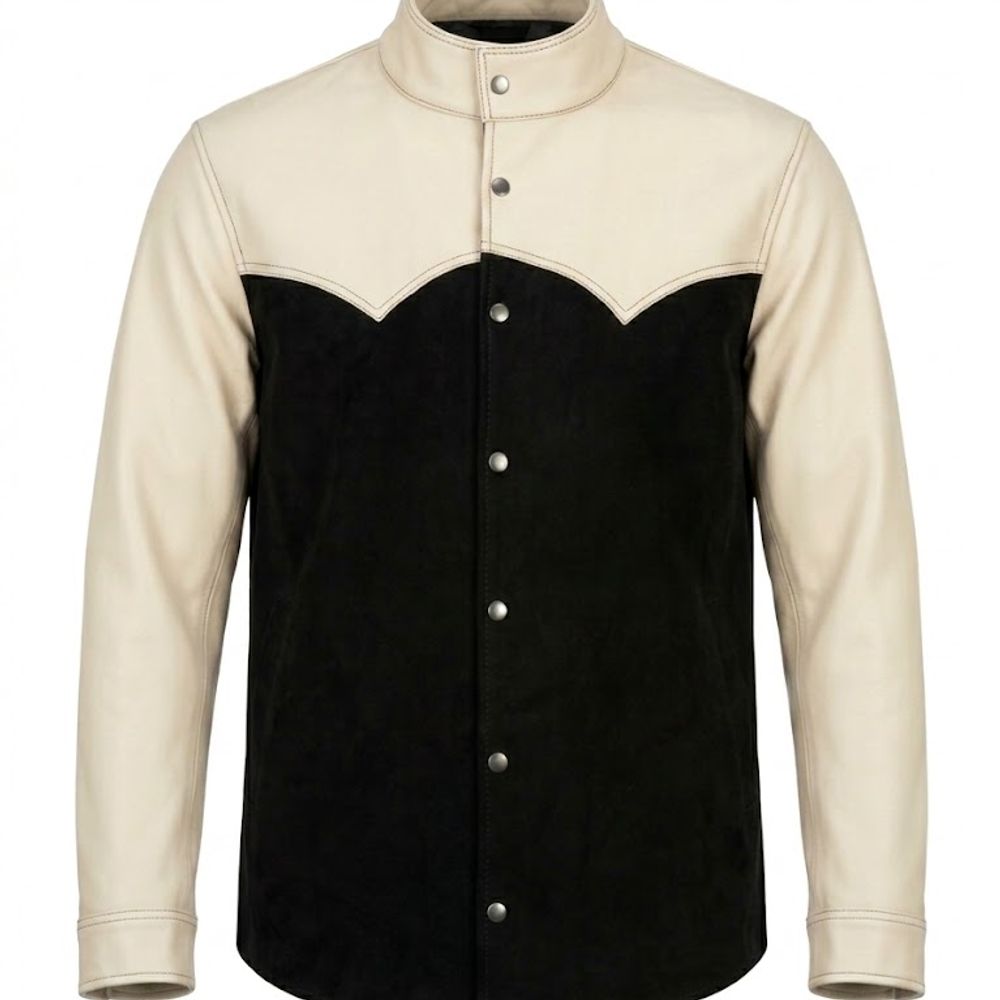 welding jacket in cream and black with a cape yoke, front view, manufactured by Abeeha Leather Industry