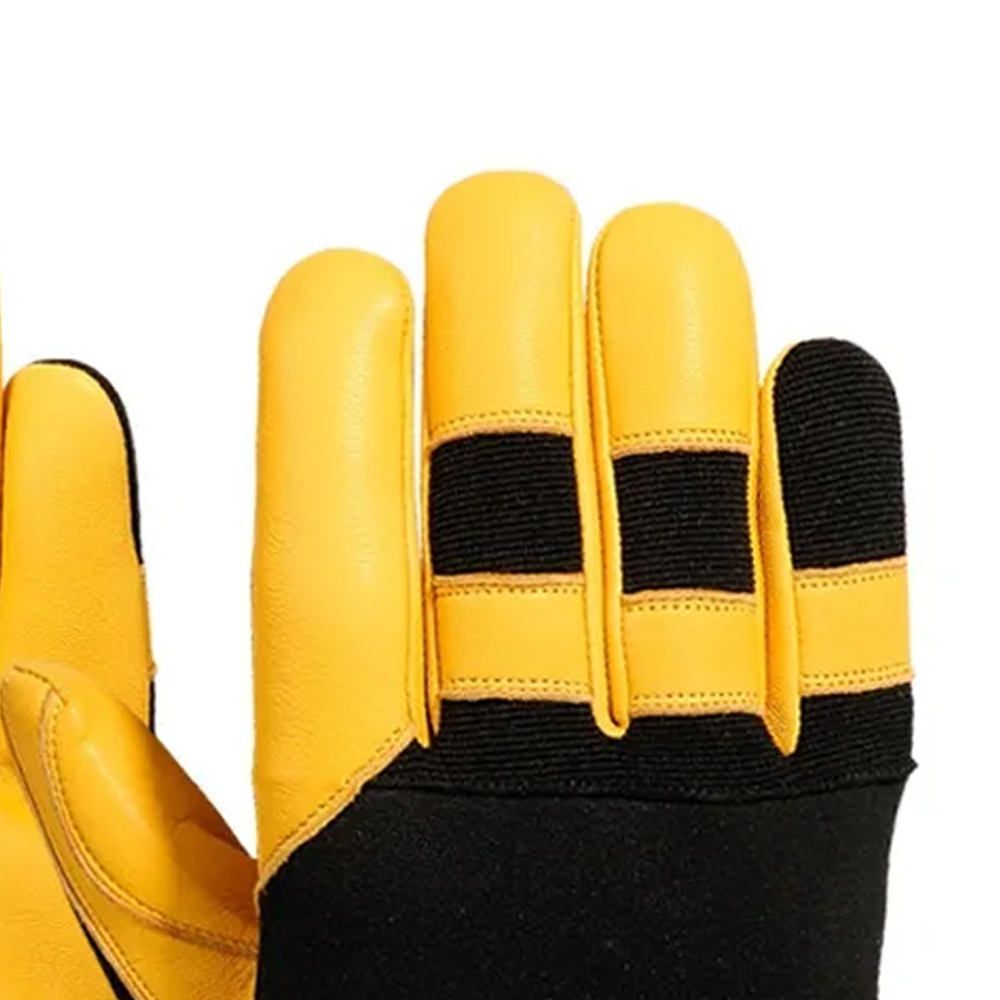 mechanic gloves in yellow leather-look with a black TPR knuckle guard, additional view 2, manufactured by Abeeha Leather Industry