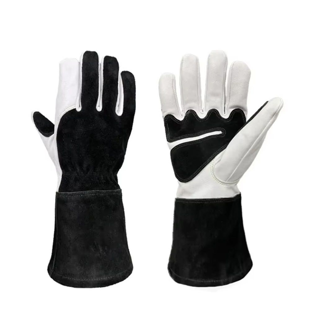 MIG welding gloves in black split leather with a white grain leather palm, front view, manufactured by Abeeha Leather Industry