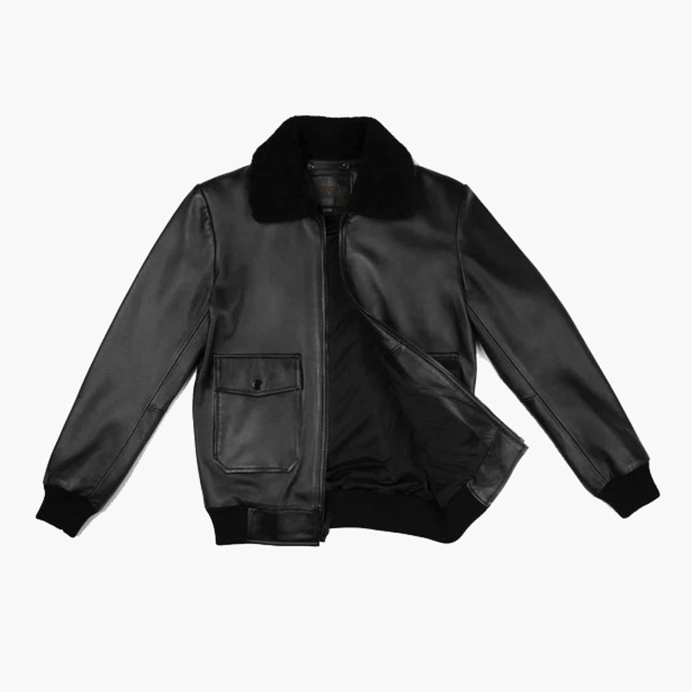men's leather flight jacket in black with a shearling-look collar, additional view 3, manufactured by Abeeha Leather Industry