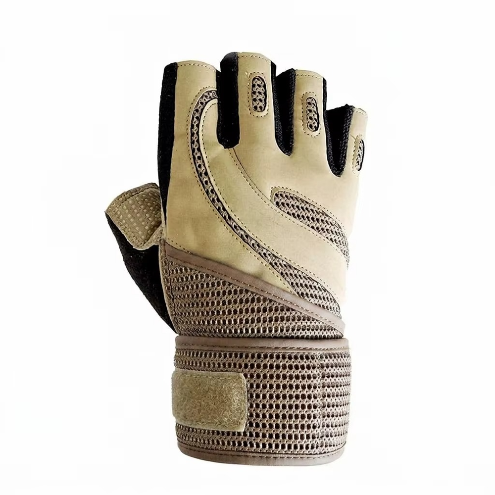 cycling gloves in tan mesh with a D-ring wrist wrap, additional view 3, manufactured by Abeeha Leather Industry