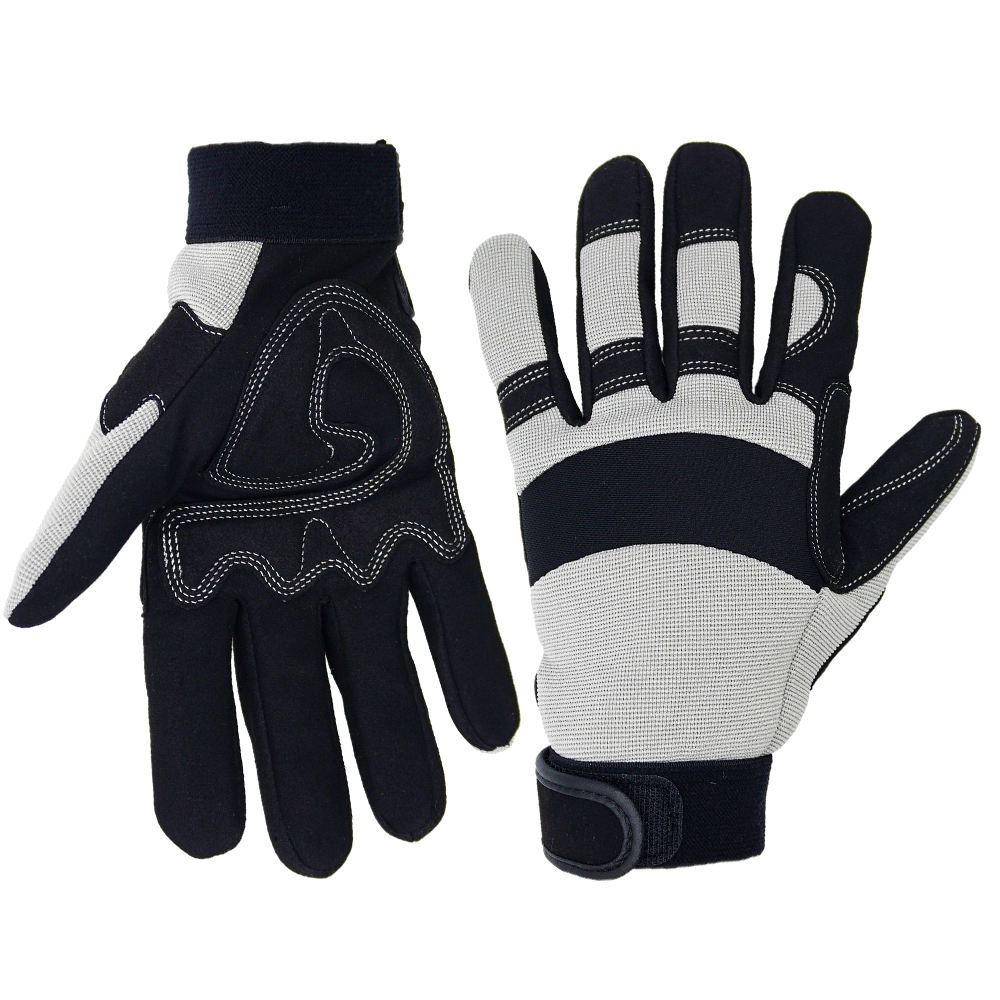 mechanic gloves in grey and black synthetic, front view, manufactured by Abeeha Leather Industry