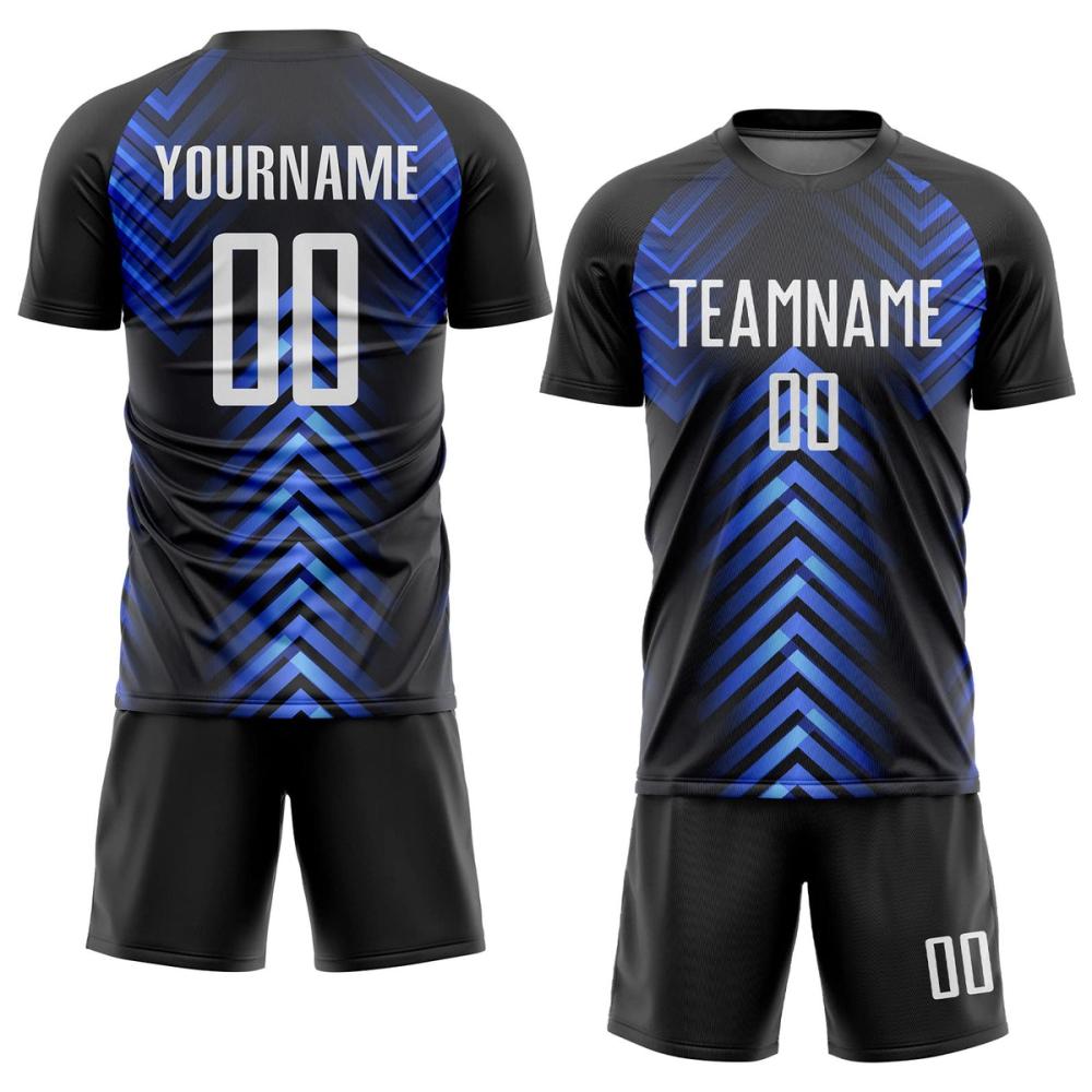 sublimated football kit in black and blue chevron, front view, manufactured by Abeeha Leather Industry