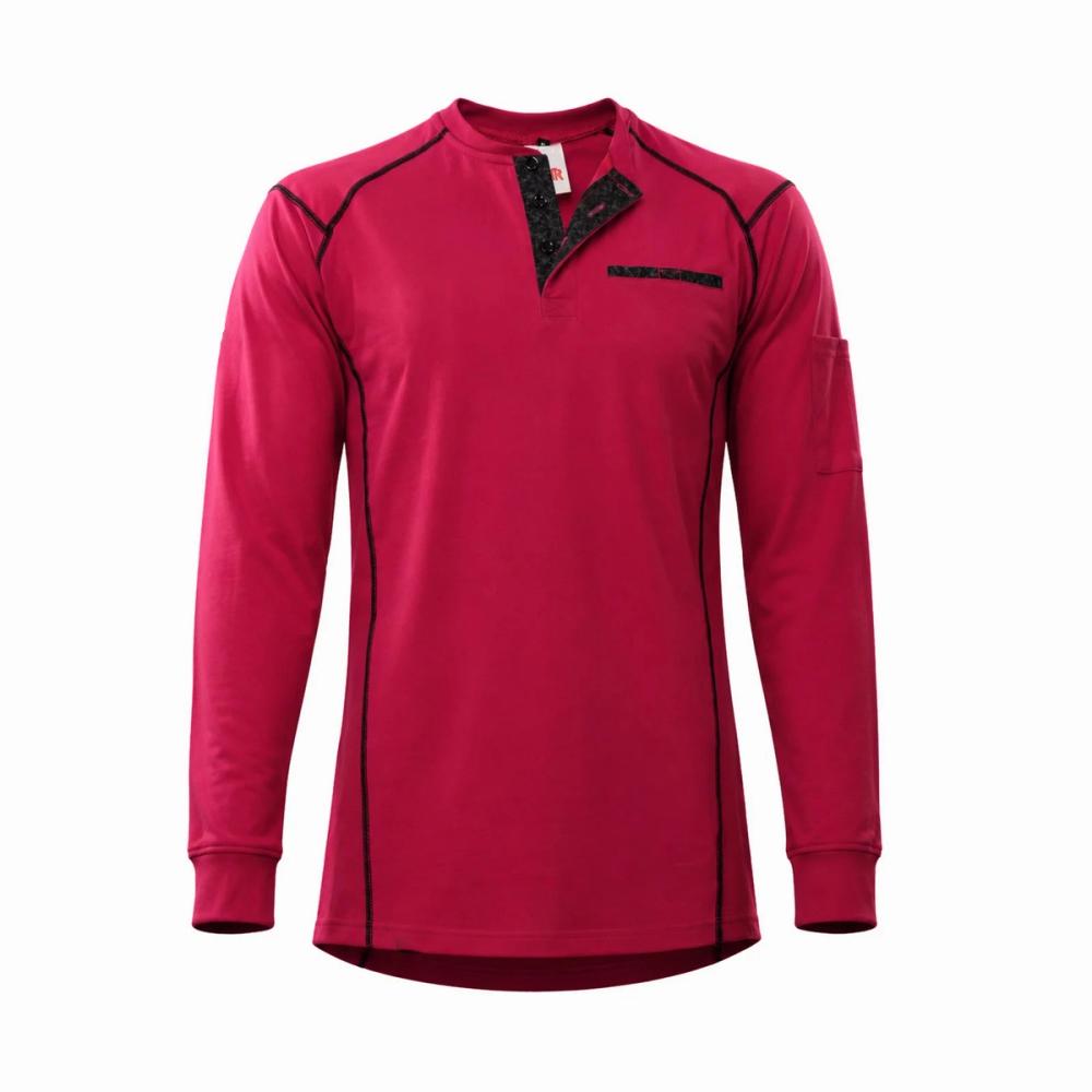 long-sleeve FR tee in crimson with a black contrast placket, front view, manufactured by Abeeha Leather Industry