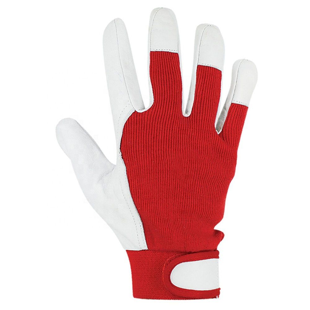 mechanic gloves in white leather-look with a red knit back, additional view 5, manufactured by Abeeha Leather Industry