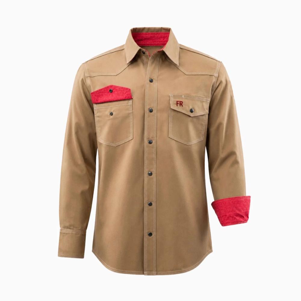 men's FR shirt in khaki with a red pocket accent, front view, manufactured by Abeeha Leather Industry