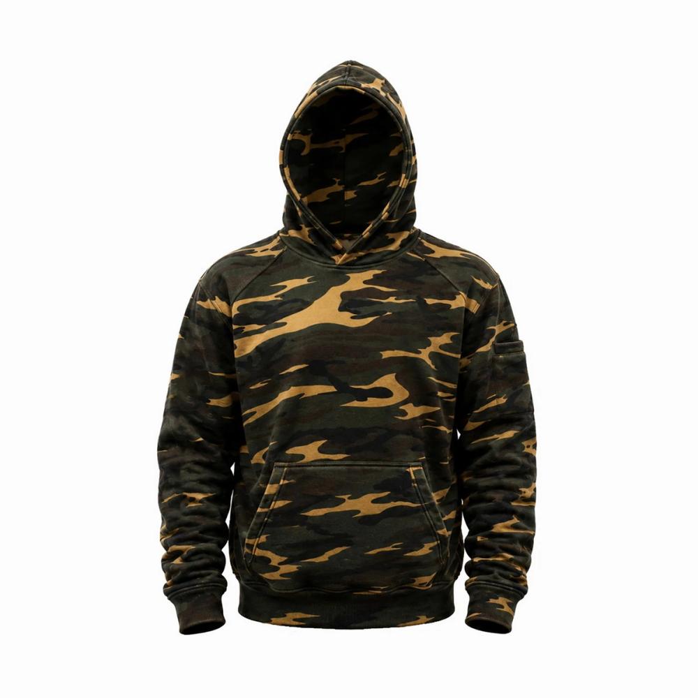 pullover hoodie in camouflage print, front view, manufactured by Abeeha Leather Industry