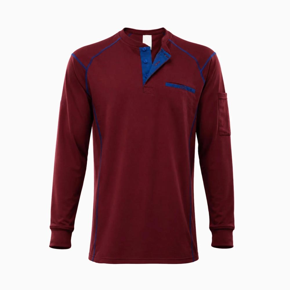 long-sleeve FR tee in maroon with blue contrast trim, front view, manufactured by Abeeha Leather Industry