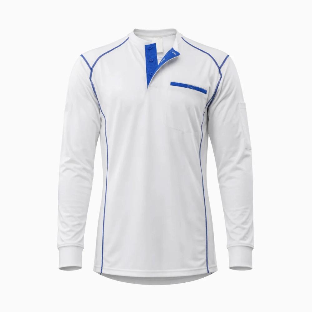 long-sleeve FR tee in white with blue contrast trim, front view, manufactured by Abeeha Leather Industry