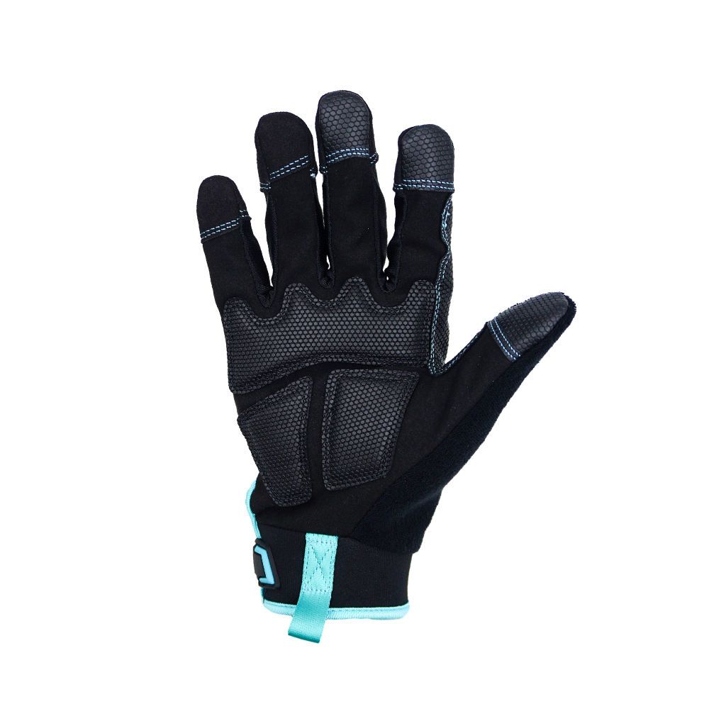 impact mechanic gloves in light blue and black synthetic with segmented knuckle pads, additional view 3, manufactured by Abeeha Leather Industry