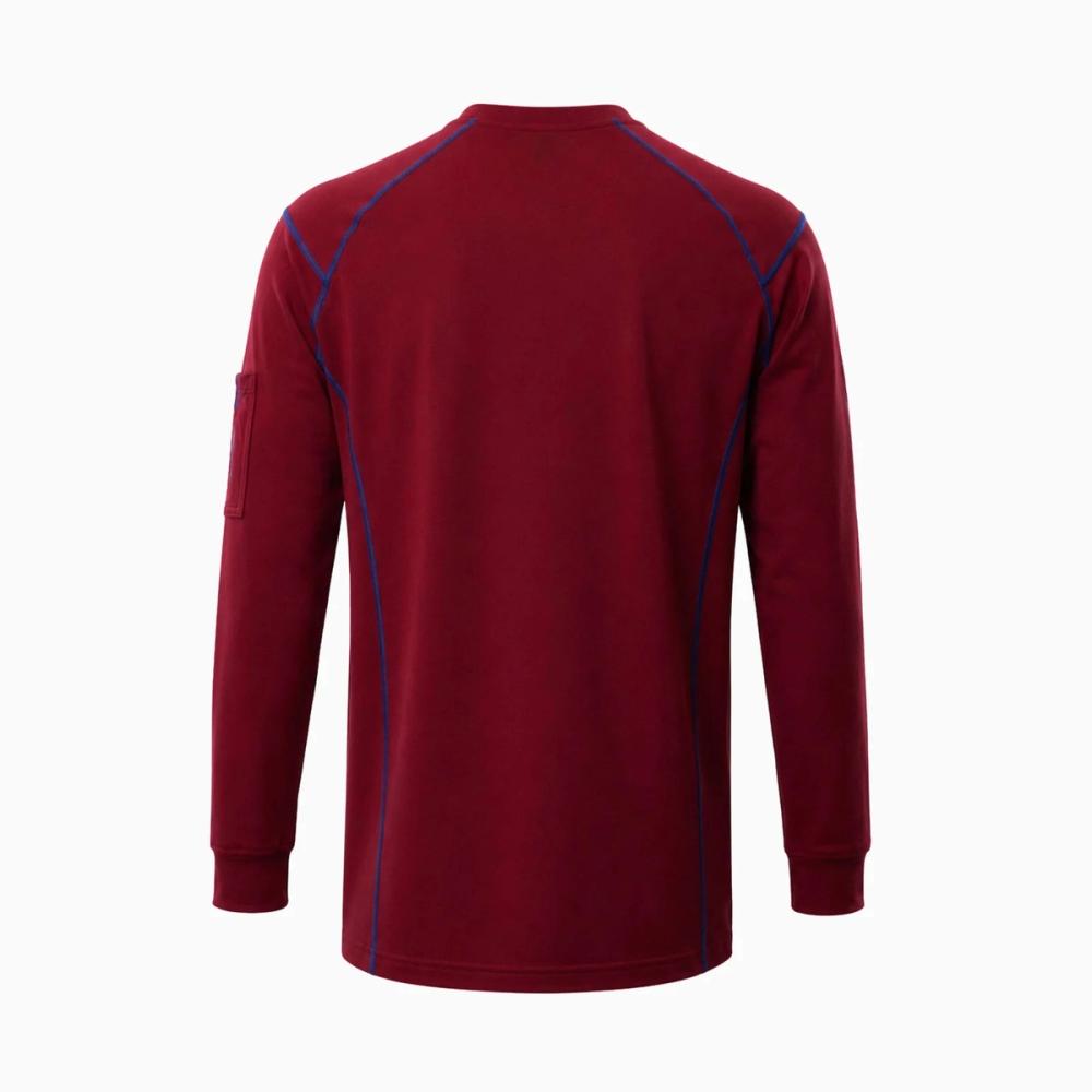 long-sleeve FR tee in maroon with blue contrast trim, additional view 2, manufactured by Abeeha Leather Industry