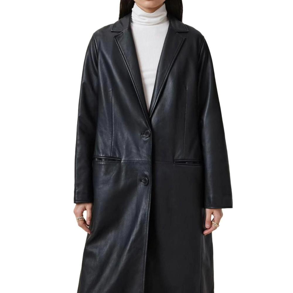 women's leather long coat in black, additional view 4, manufactured by Abeeha Leather Industry