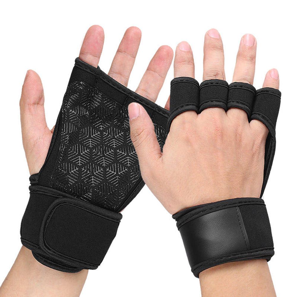 fitness training gloves in black with a textured grip palm, front view, manufactured by Abeeha Leather Industry