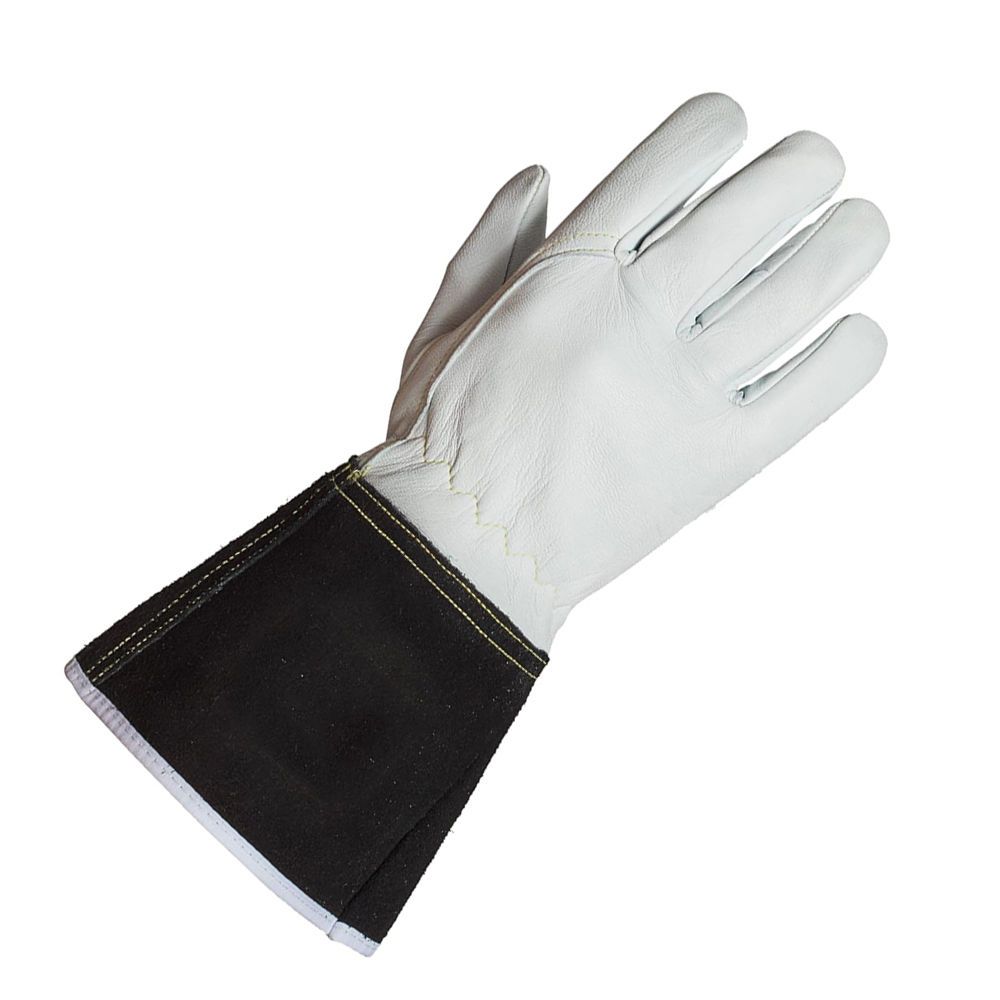 TIG welding gloves in white grain leather with a black split-leather cuff, additional view 5, manufactured by Abeeha Leather Industry