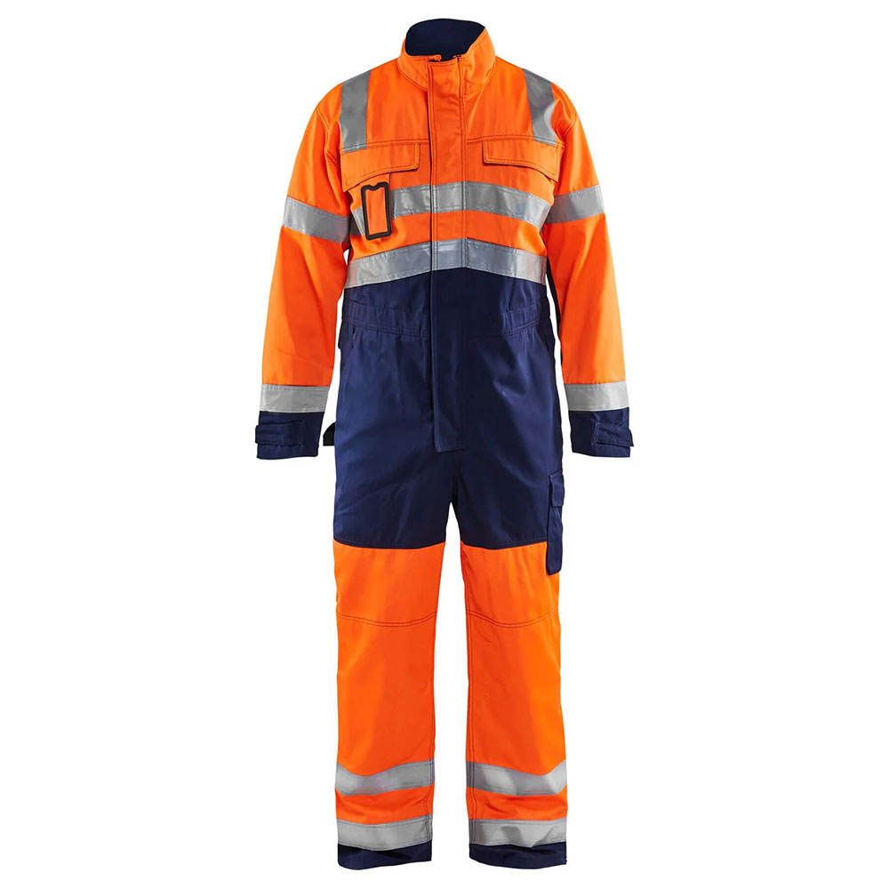hi-vis coverall in orange and navy, front view, manufactured by Abeeha Leather Industry