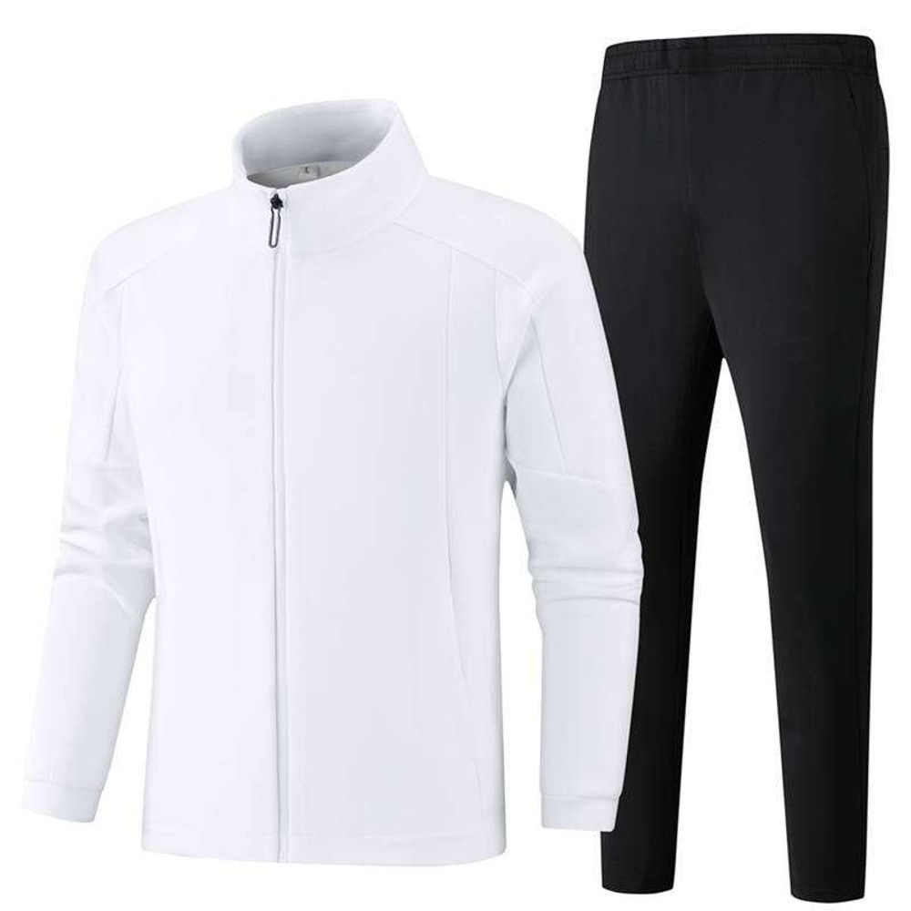 men's track jacket and pants set in white with black pants, front view, manufactured by Abeeha Leather Industry