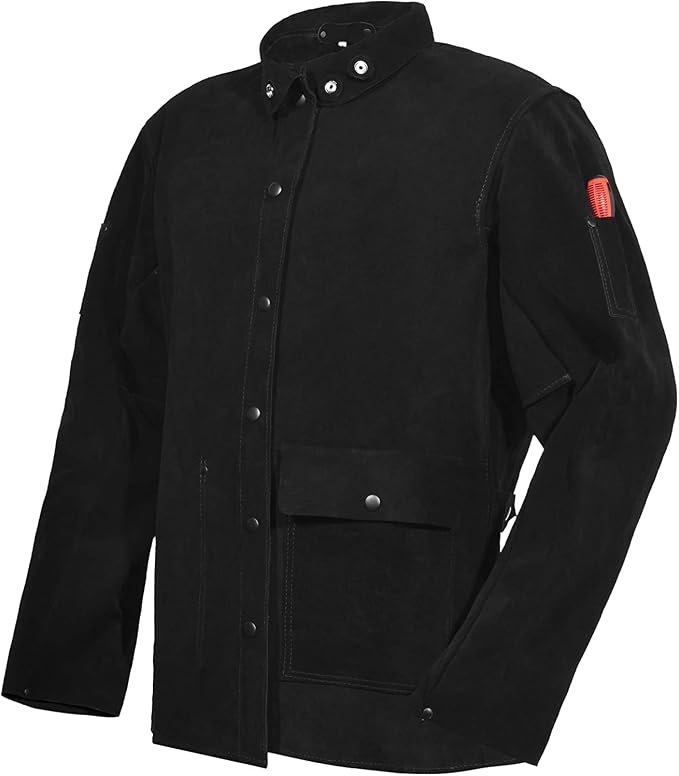 welding jacket in grey and black two-tone leather, front view, manufactured by Abeeha Leather Industry