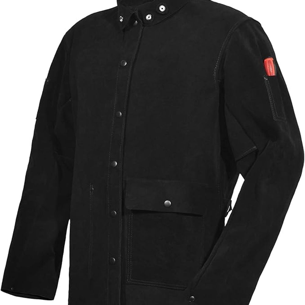 welding jacket in grey and black two-tone leather, front view, manufactured by Abeeha Leather Industry