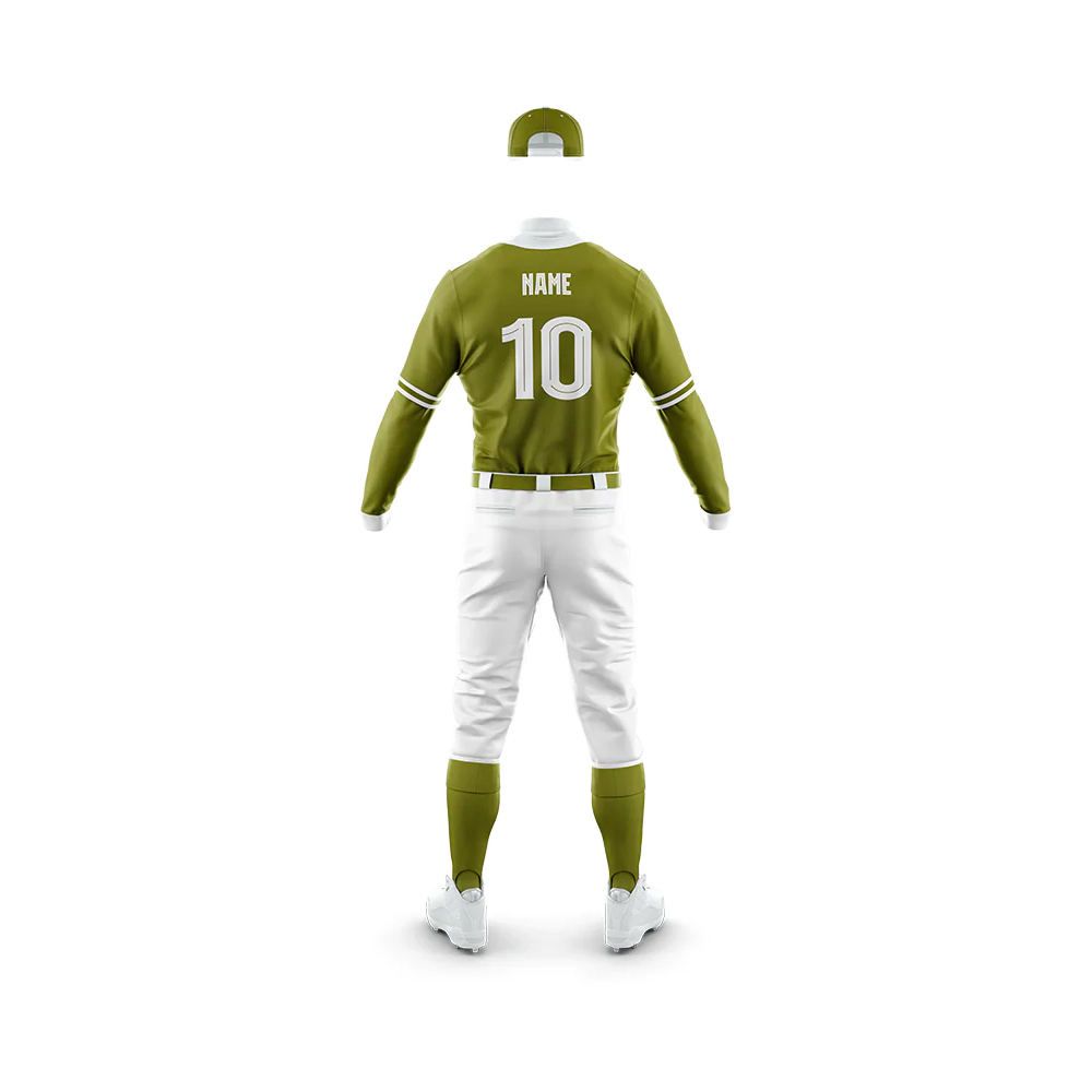 sublimated baseball uniform in olive and white, additional view 3, manufactured by Abeeha Leather Industry