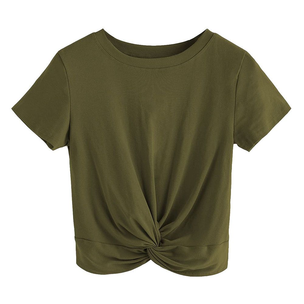 women's twist-front crop tee in olive, front view, manufactured by Abeeha Leather Industry